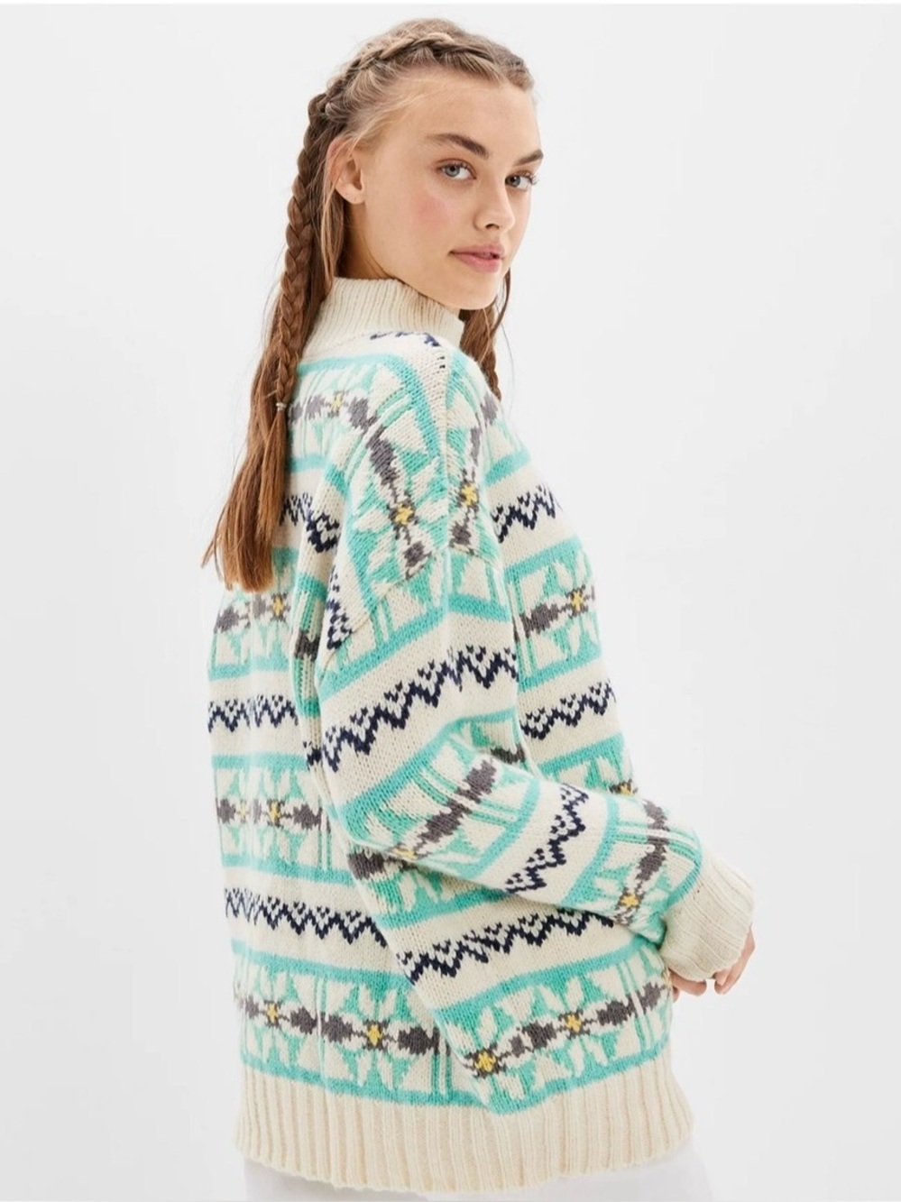 American Eagle Turtleneck Chunky Cream and Mint Fair Isle Cozy Sweater Sz M